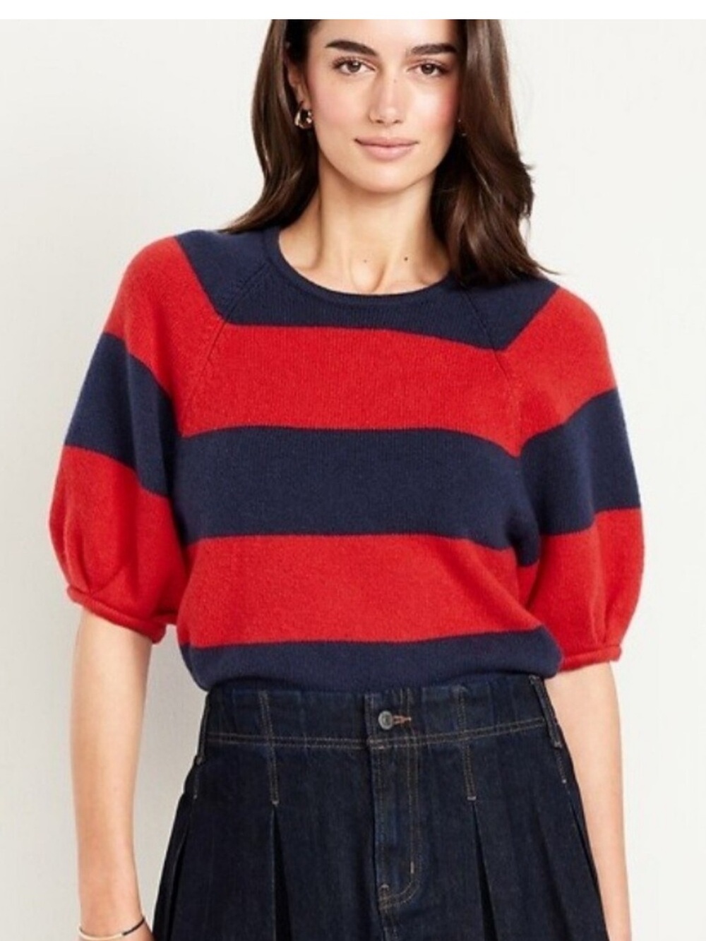 Old Navy Size 2X Striped Puff-Sleeve Sweater in Red and Navy